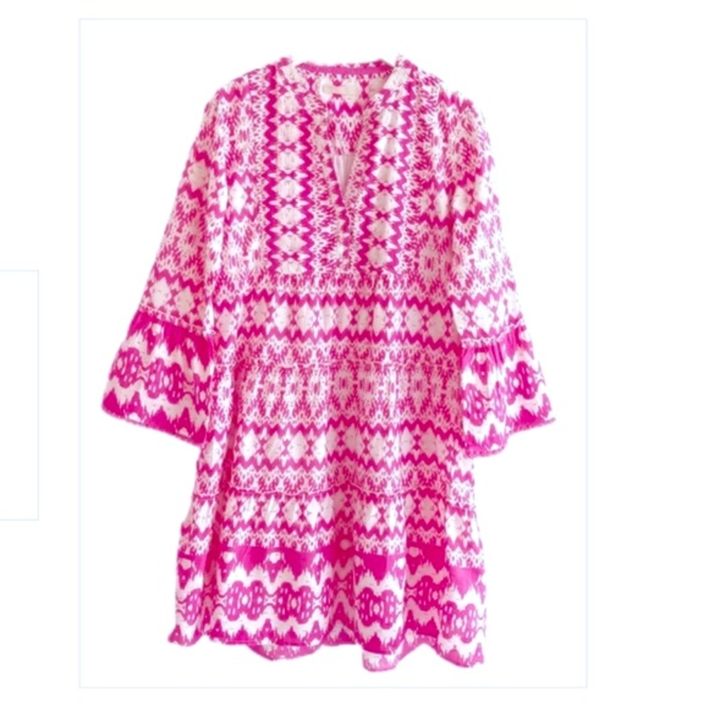 Lola Australia Moroccan Mini Dress Sz XS Pink w/ Gold Threads Boho 100% Cotton